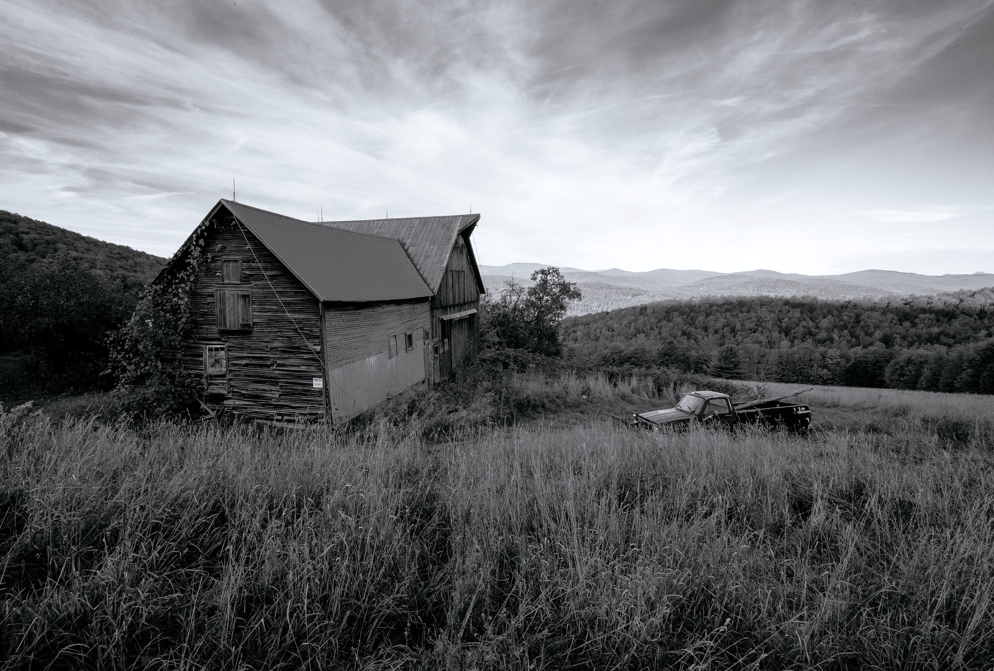Weathered barn and a retired pickup in tall grass, black and white